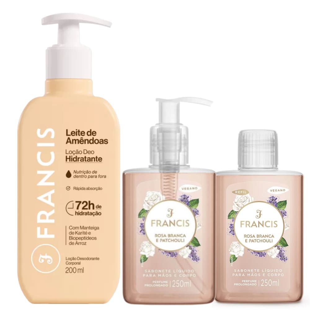 Kit Hidratante Francis Leite de Amêndoas Bege + Sabonete Rosa Branca e Patchouli + Refil