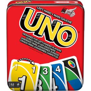 Jogo de cartas Mattel Games UNO para família canhota com caixa de lata