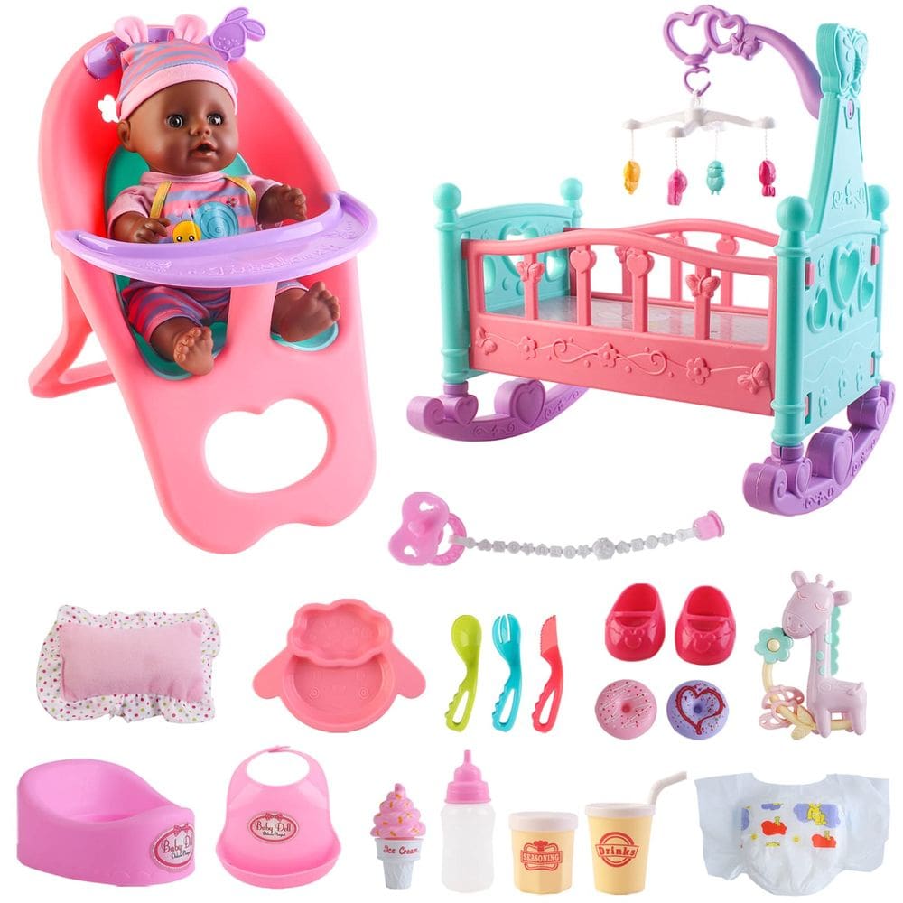 Conjunto de bonecas DeAO Black com carrinho de bebê para berço, 21 unidades