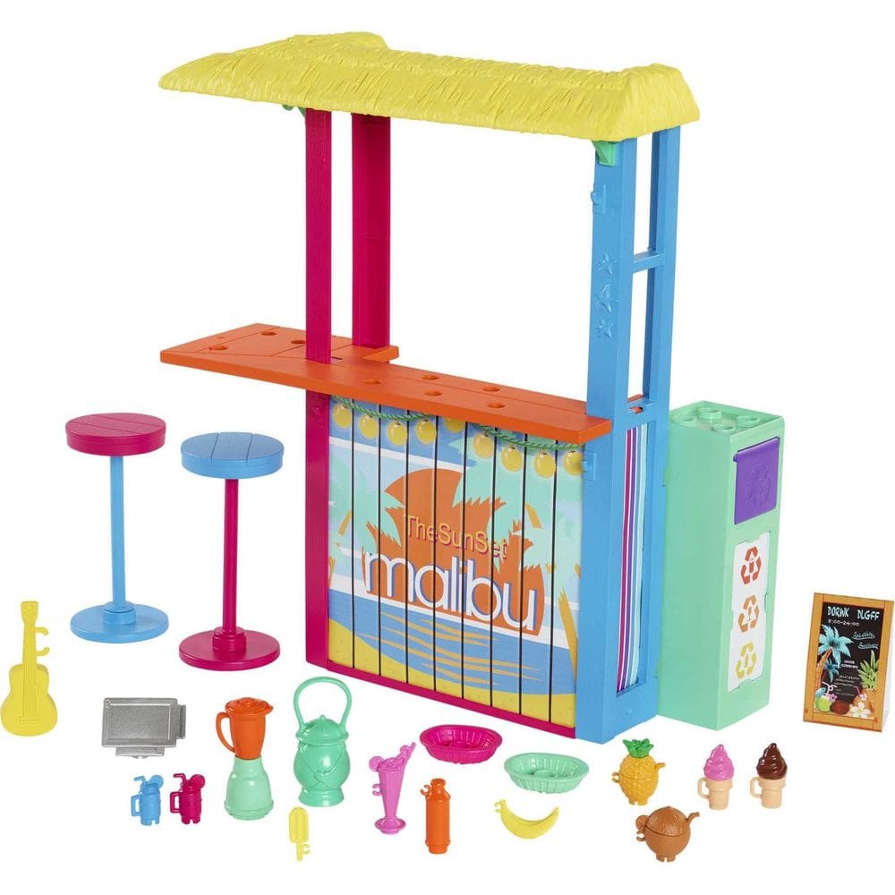 Conjunto de brinquedos Barbie Loves The Ocean Beach Shack com acesso para maiores de 18 anos.