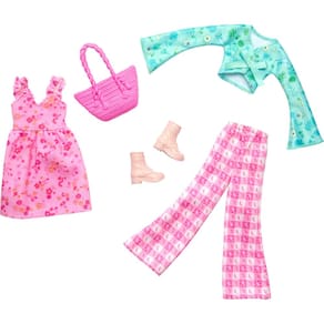 Conjunto de moda Barbie Fashion, pacote com 2 unidades, vestido, blusa, calça, botas e bolsa