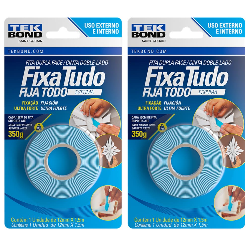 Kit 2 Fita Dupla Face Espuma Fixa Tudo 12mm X 1,5 M Tekbond