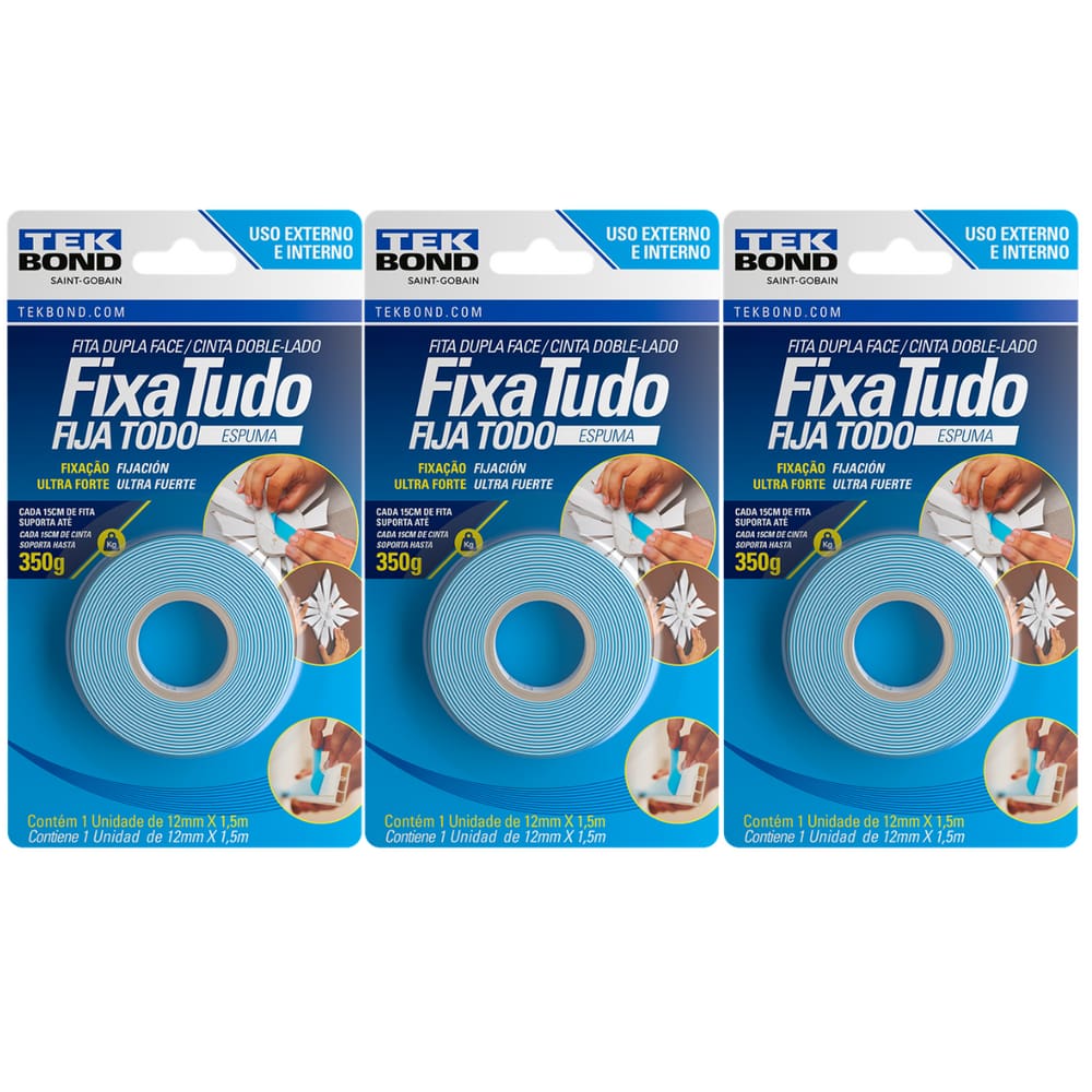 Kit 3 Fita Dupla Face Espuma Fixa Tudo 12mm X 1,5 M Tekbond