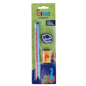 Kit Escrita Dino com 2 Lápis Apontador e Borracha Leonora