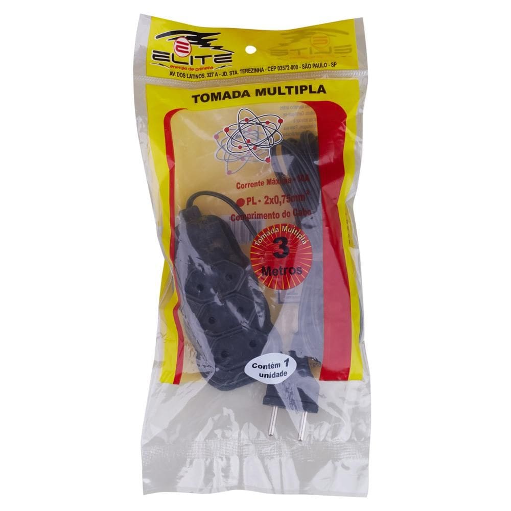 Extensão 3m 3 Tomadas 2P Elite Preta