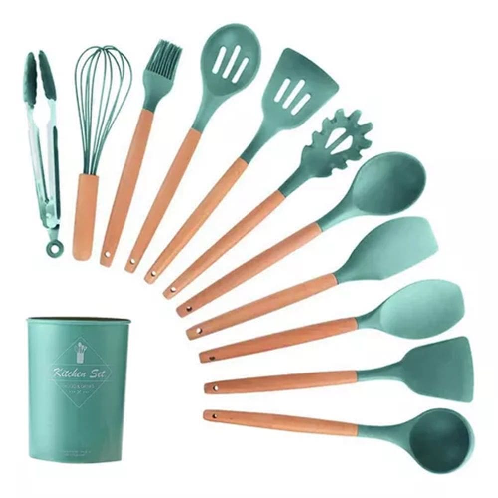 Kit 12 Utensílios De Cozinha Em Silicone E Cabo De Madeira Verde