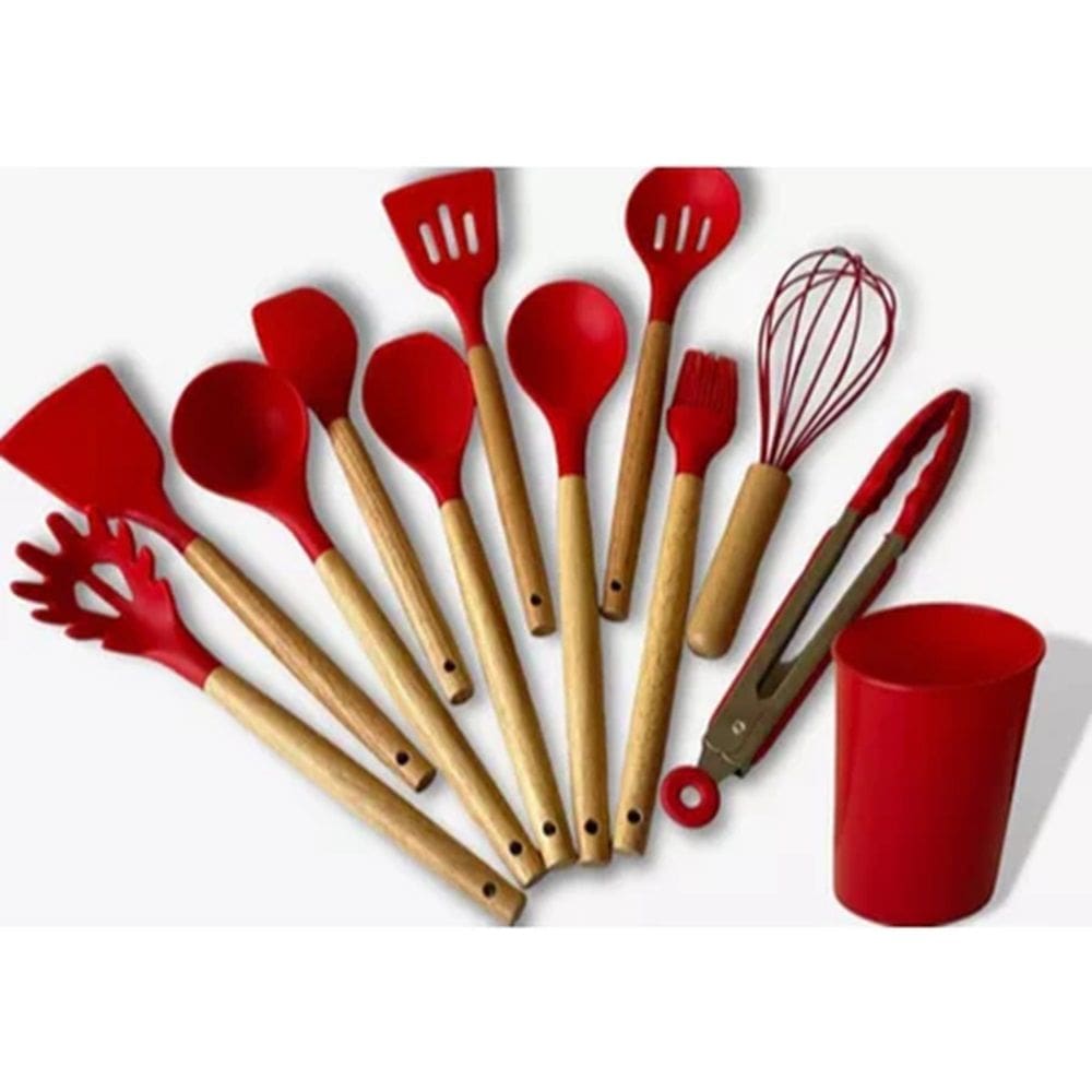 Kit 12 Utensílios De Cozinha Em Silicone E Cabo De Madeira Vermelho