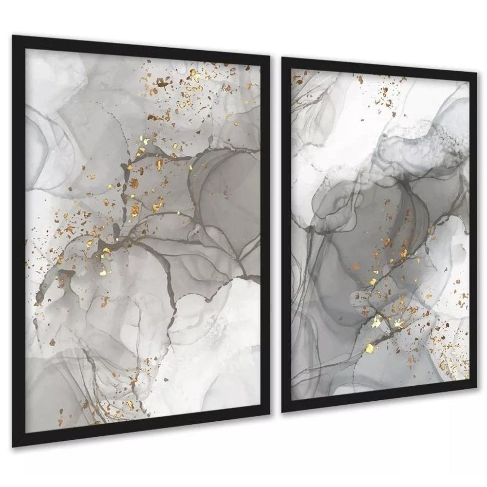 Kit 2 Quadros Abstratos Luxo Mármore Cinza 45X34Cm