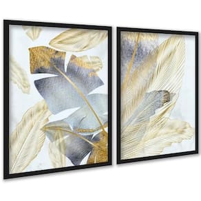 Kit 2 Quadros Folhas Bananeiras Cinza E Dourado 24X18Cm