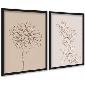 Kit 2 Quadros Flores Linhas Suaves - Bege 24X18Cm