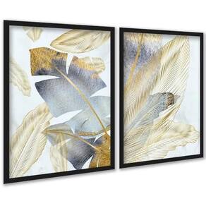 Kit 2 Quadros Folhas Bananeiras Cinza E Dourado 45X34Cm