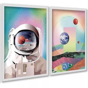 Kit 2 Quadros Astronauta Colorido Planetas 24X18Cm