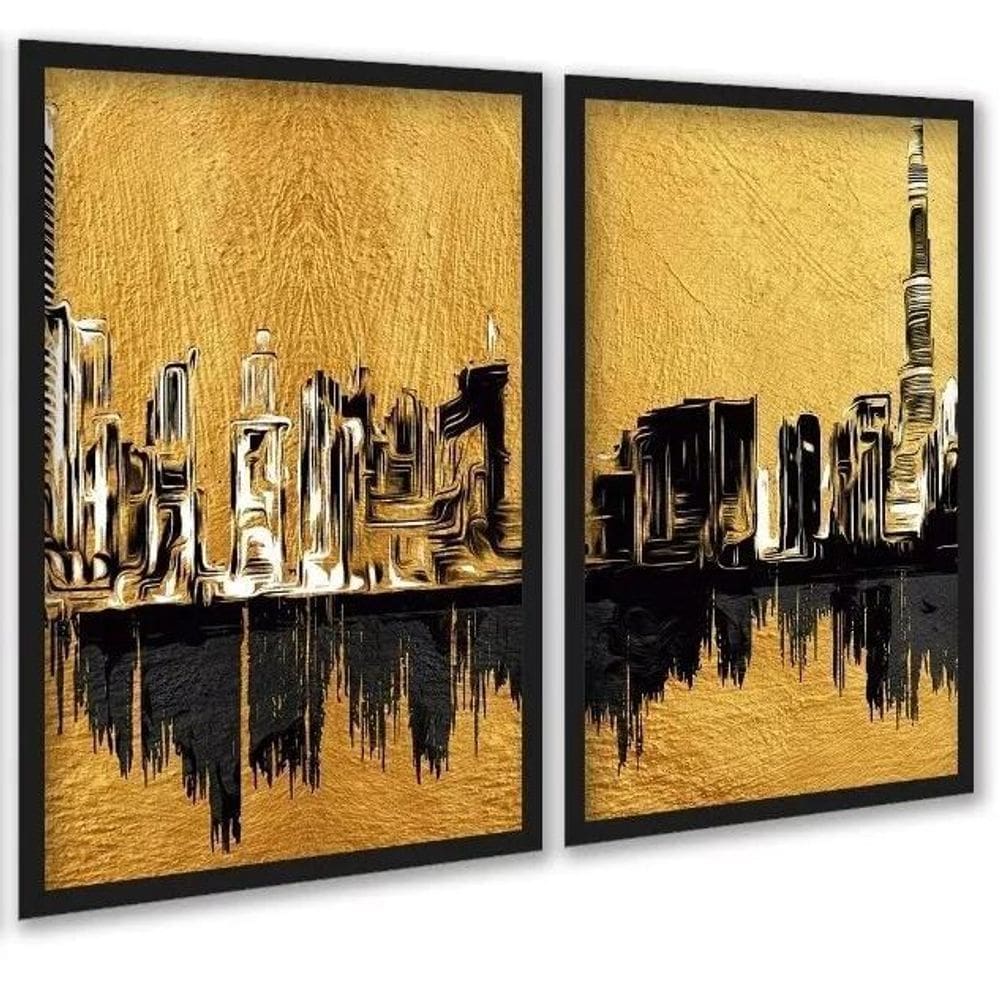 Kit 2 Quadros Arte Cidades Preto Com Dourado 33X24Cm - Vidro