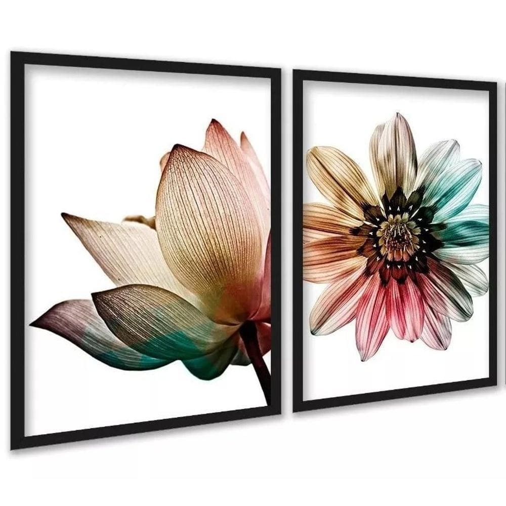 Kit 2 Quadros Decorativos Floral Colorido Arco Iris 45X34Cm