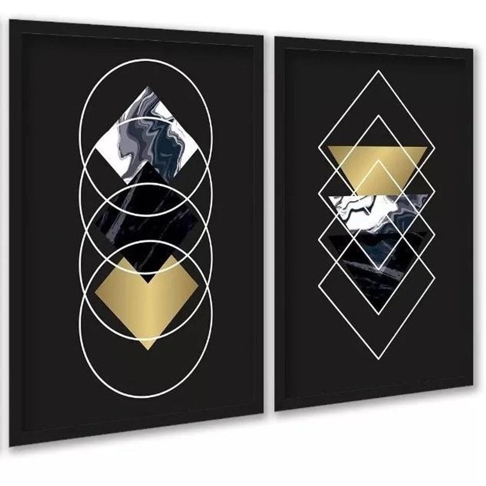Kit 2 Quadros Geométricos Preto Dourado Mármore 33X24Cm