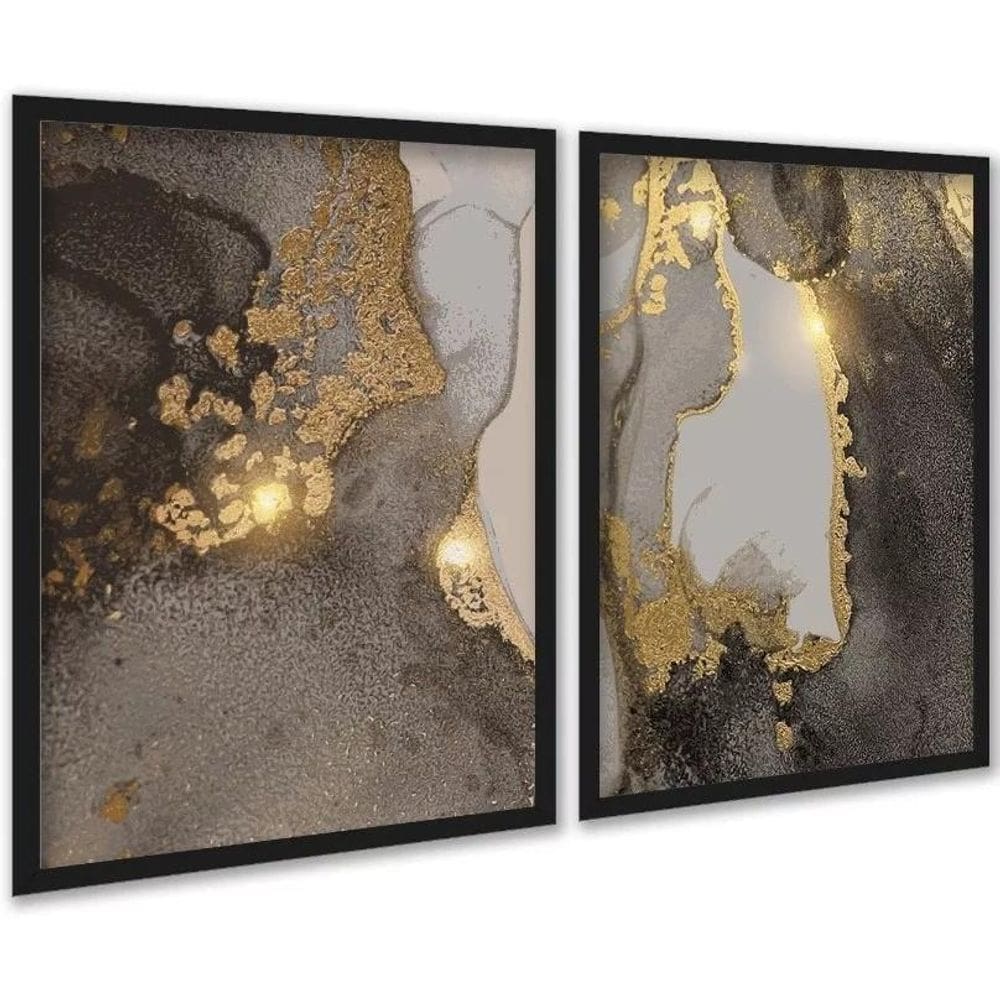Kit 2 Quadros Abstratos Marmore Dourado Marrom 33X24Cm Vidro