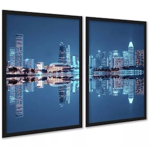 Kit 2 Quadros Foto Cidade - Luzes Reflexo 33X24Cm - Vidro