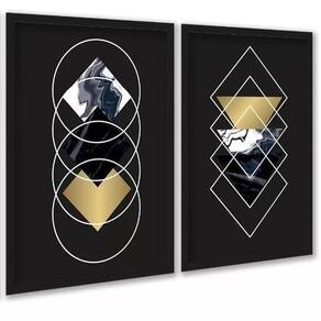 Kit 2 Quadros Geométricos Preto Dourado Mármore 45X34Cm