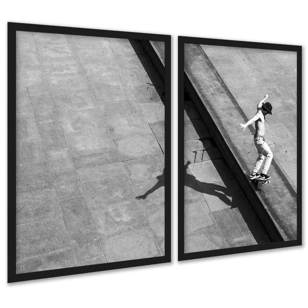 Kit 2 Quadros Foto Skatista Preto E Branco 33X24Cm - Vidro