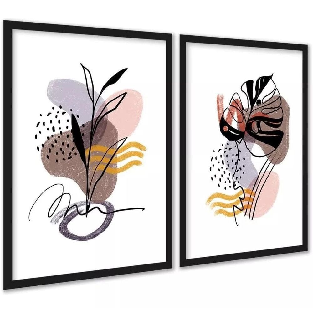 Kit 2 Quadros Bohos Marrom Rosa Ramos 24X18Cm - Com Vidro