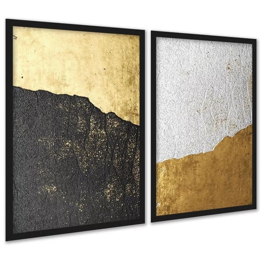 Kit 2 Quadros Abstratos Rústicos Preto Dourado 45X34Cm Vidro