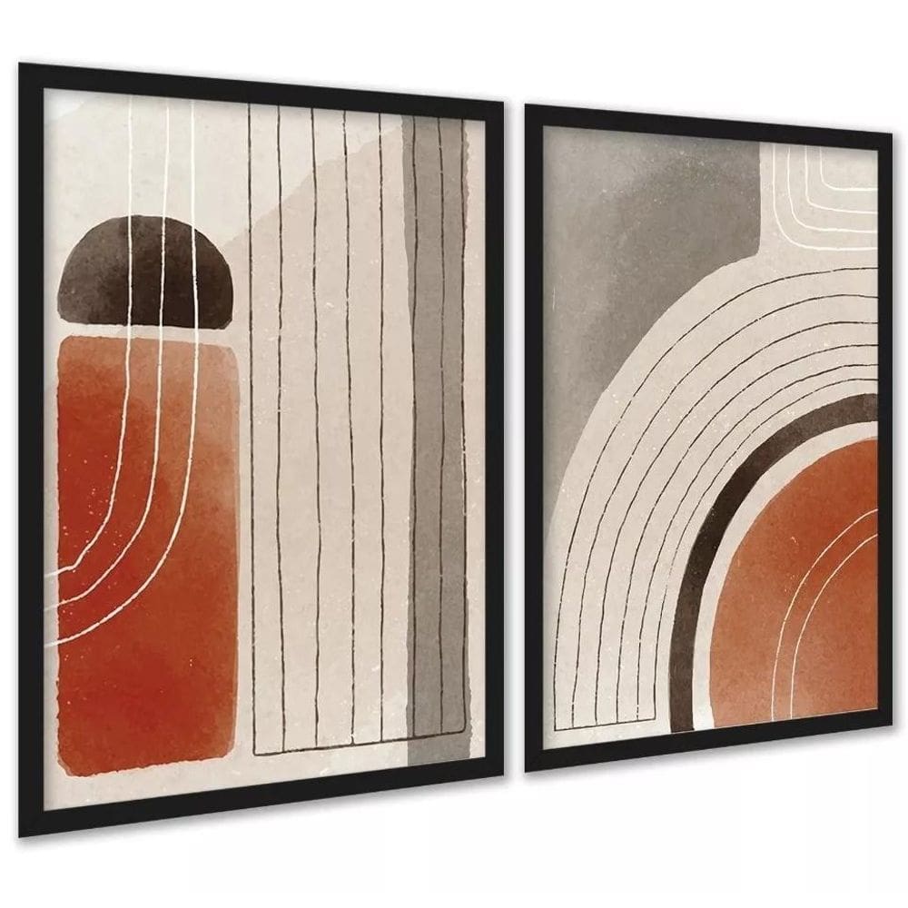 Kit 2 Quadros Elegantes Abstratos Linhas Bege Terracota