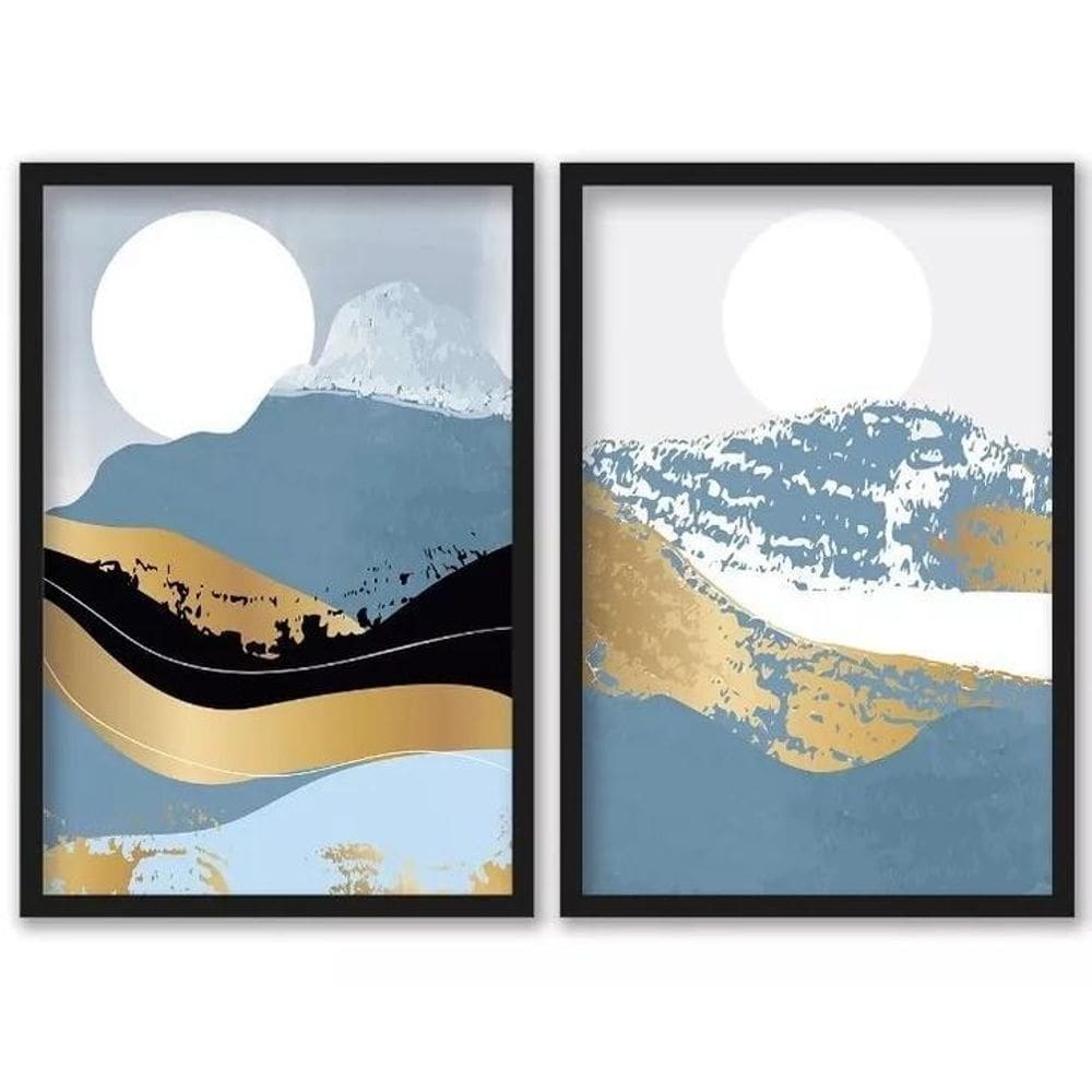 Kit 2 Quadros Decorativos Montanhas Azul Dourado 45X34Cm