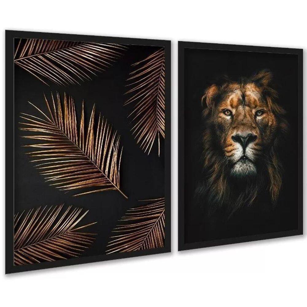 Kit 2 Quadros Leão E Palmeira - Bronze E Preto 45X34Cm Vidro