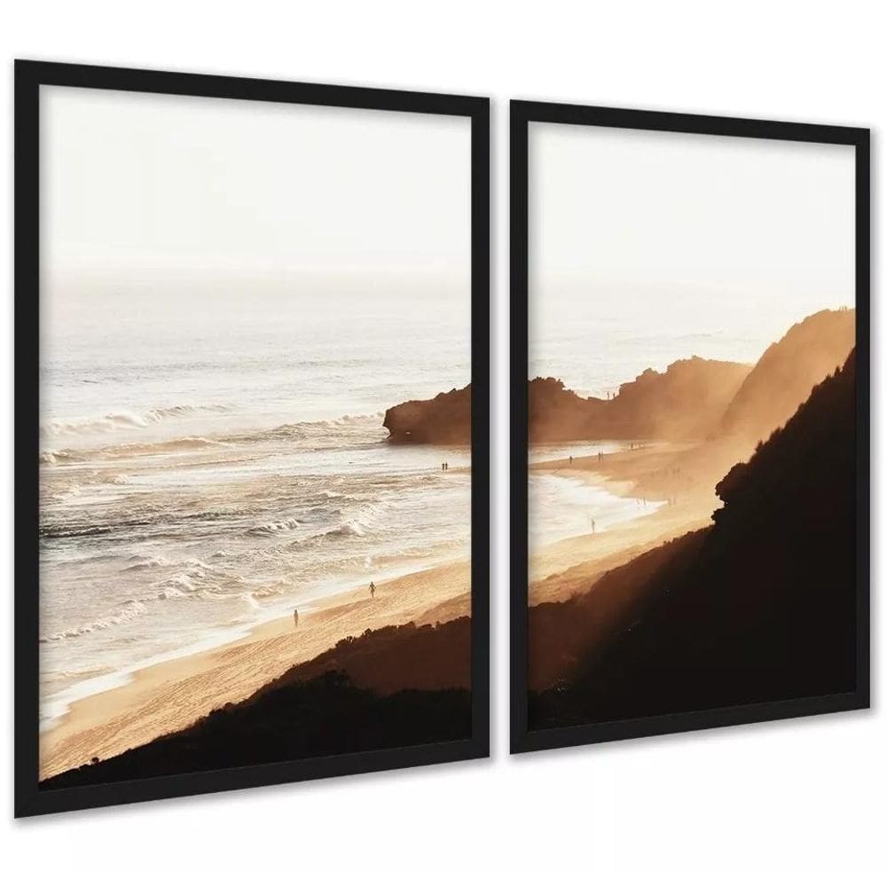 Kit 2 Quadros Praia Areia Degradê Marrom 33X24Cm - Com Vidro