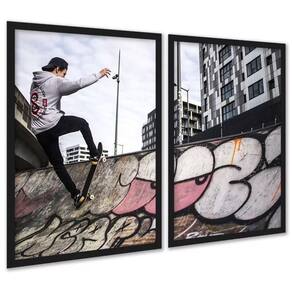 Kit 2 Quadros Skatista Manobra Rampa Grafite 45X34Cm - Vidro