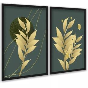Kit 2 Quadros Folhas Verde Musgo Com Dourado 45X34Cm - Vidro