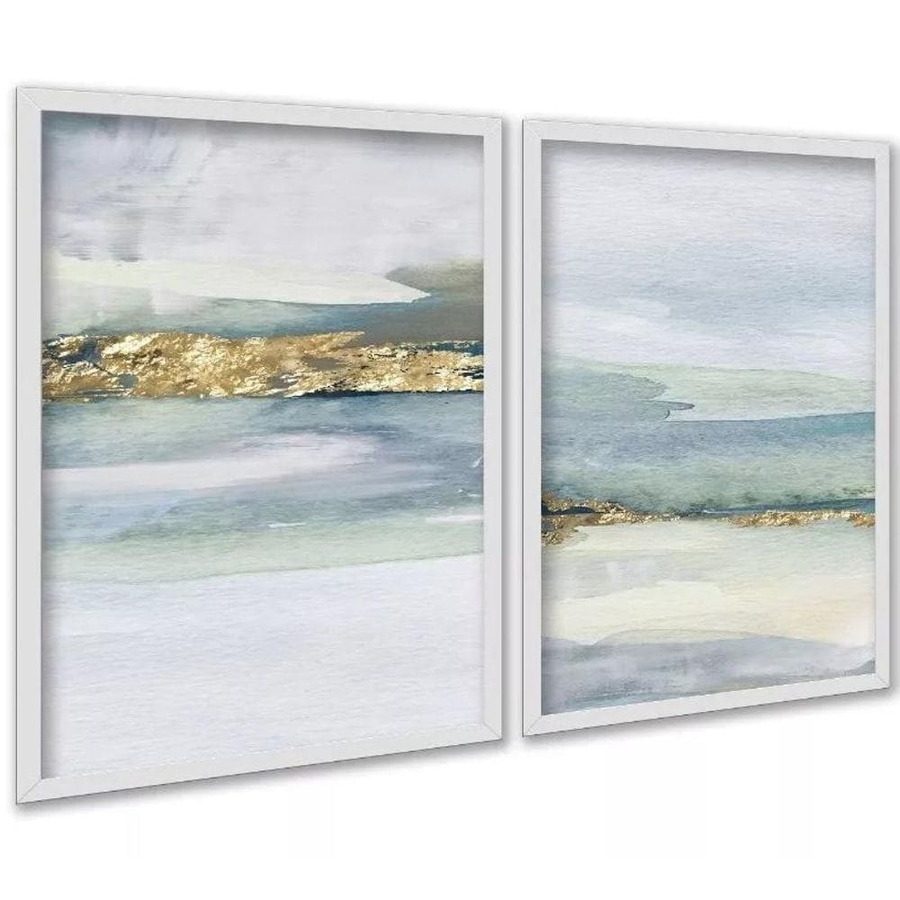 Kit 2 Quadros Abstratos Aquarela Verde Dourado 24X18Cm