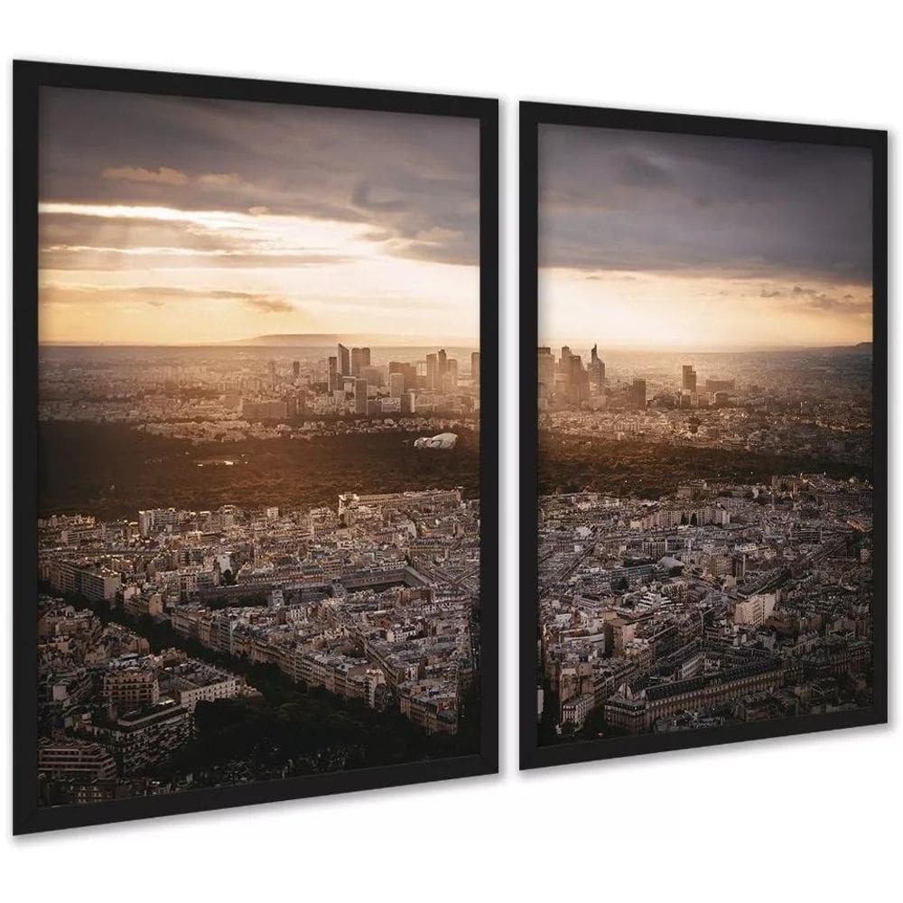Kit 2 Quadros Cidade Ao Entardecer 45X34Cm - Com Vidro