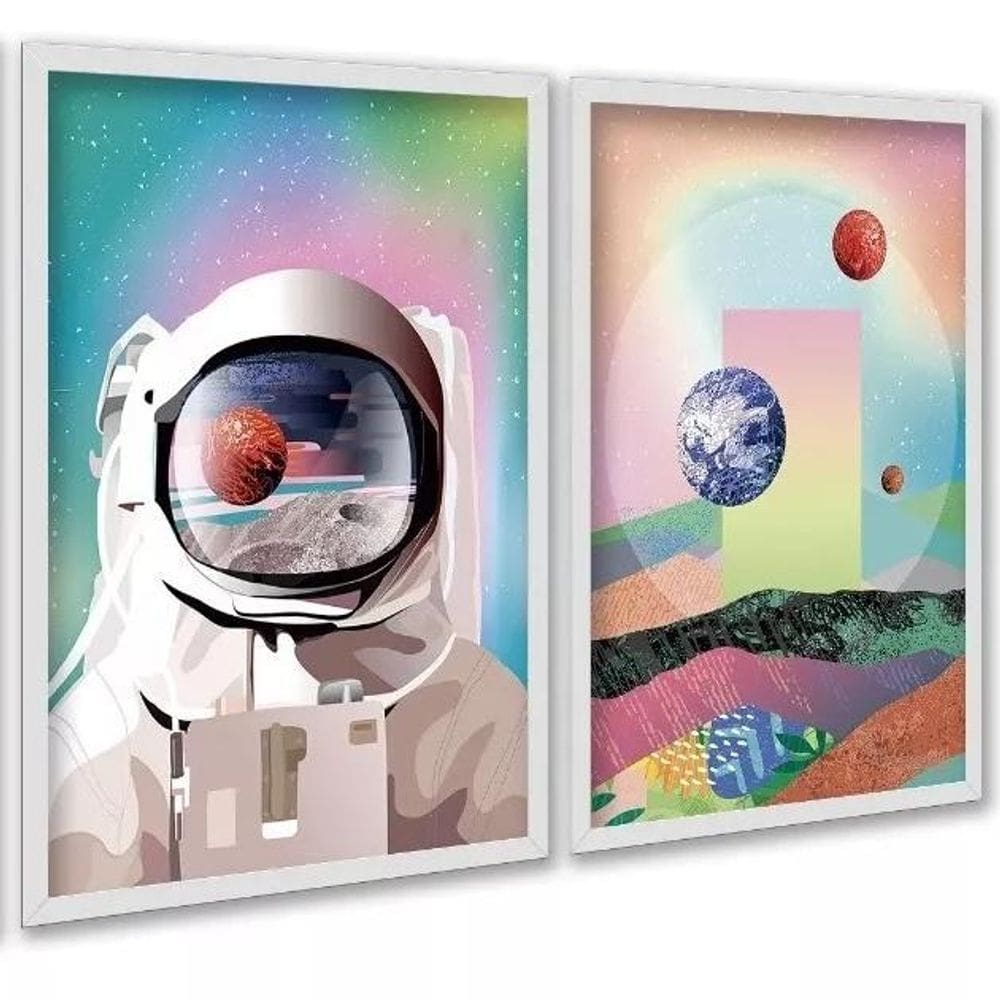 Kit 2 Quadros Astronauta Colorido Planetas 45X34Cm - Vidro