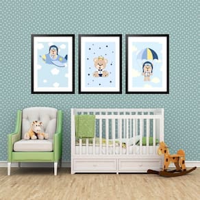 Kit 3 Quadros Grandes Quarto Infantil Ursinho Piloto 60X48Cm