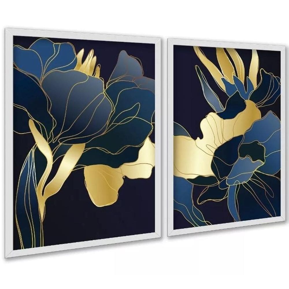 Kit 2 Quadros Florais Azul Dourado Linhas 24X18Cm