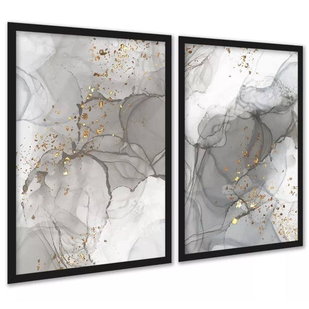 Kit 2 Quadros Abstratos Luxo Mármore Cinza 24X18Cm - Vidro
