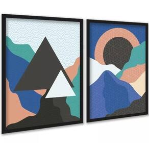 Kit 2 Quadros Bohos Montanhas Azul Verde 33X24Cm - Com Vidro