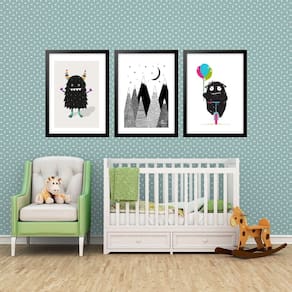 Kit 3 Quadros Grandes Quarto Infantil Monstrinho 60X48Cm