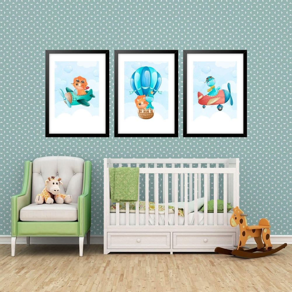 Kit 3 Quadros Grandes Quarto Infantil Esquadrilha Dino