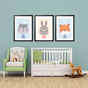 Kit 3 Quadros Grandes Quarto Infantil Bichinhos 60X48Cm