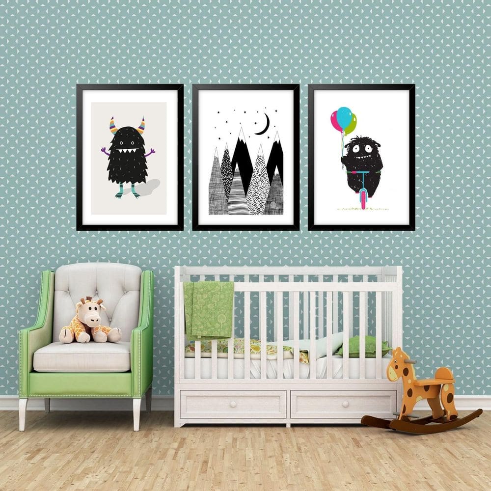 Kit 3 Quadros Grandes Quarto Infantil Monstrinho 60X48Cm