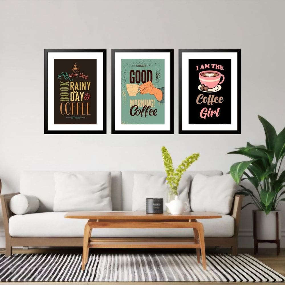 Kit 3 Quadros Grandes Coffee Day 60X48Cm