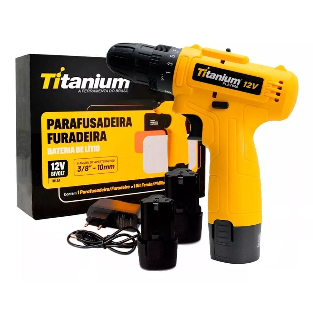 Parafusadeira Furadeira 12v 3/8 2 Baterias S/ Impacto Titanium