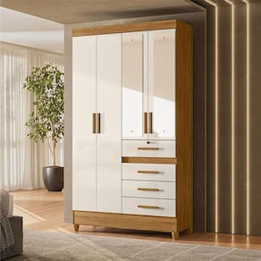 Guarda Roupa Solteiro Ambiente Sobral 4 Portas Freijó Off White com Espelho - Moval