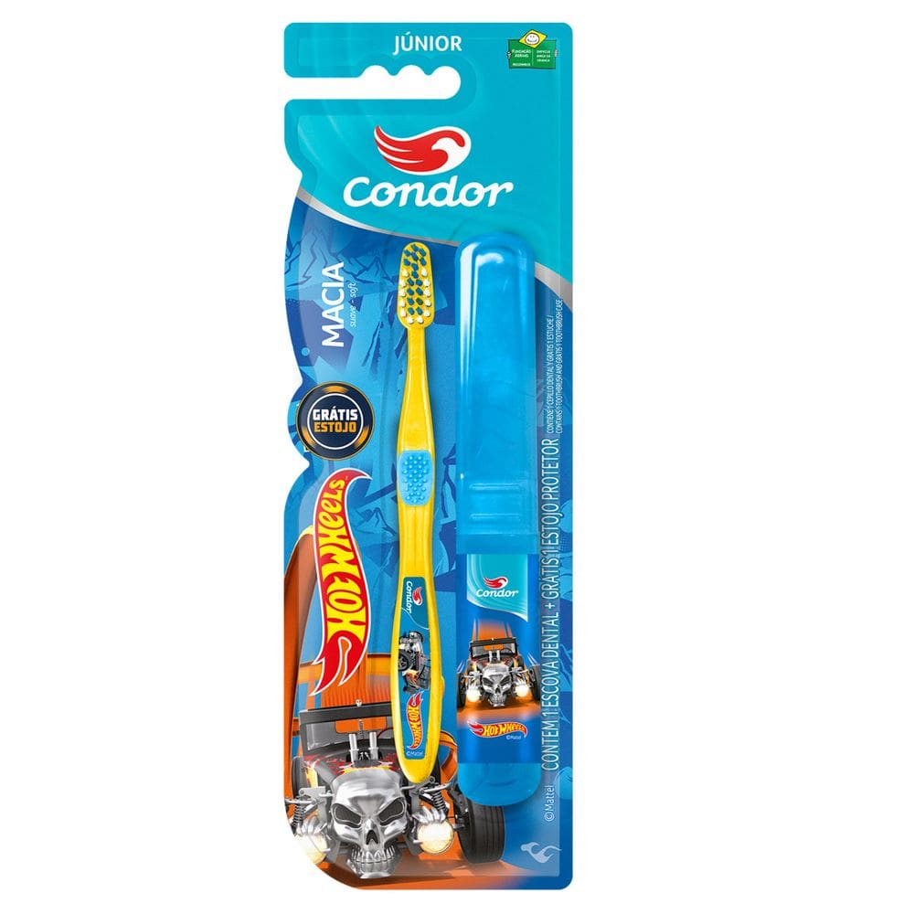 Escova Dental Macia Hot Wheels Condor Júnior Cabeça P + Estojo Protetor