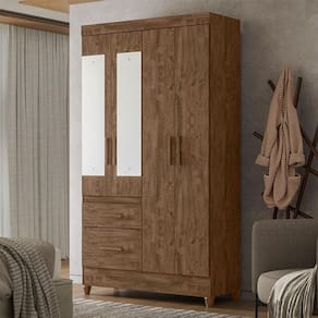 Guarda Roupa Solteiro Ambiente Madri 4 Portas Castanho Wood com Espelho - Moval
