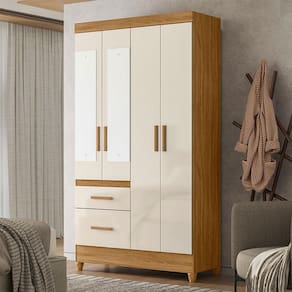 Guarda Roupa Solteiro Ambiente Madri 4 Portas Freijó Off White com Espelho - Moval
