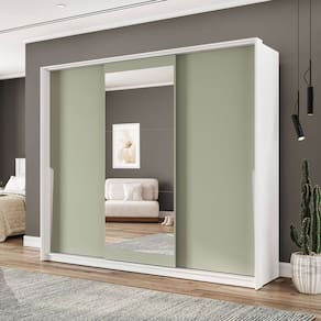 Guarda-Roupa Casal Porto 3 Portas 4 Gavetas com Espelho Branco/Verde - Politorno