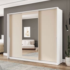 Guarda-Roupa Casal Porto 3 Portas 4 Gavetas com Espelho Branco/Creme - Politorno